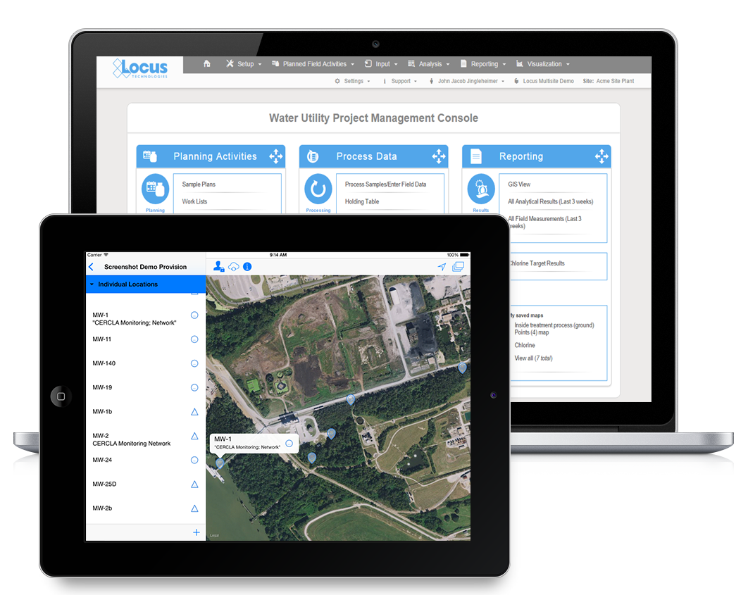 Screenshot of EIM water utility dashboard and mobile app for locations