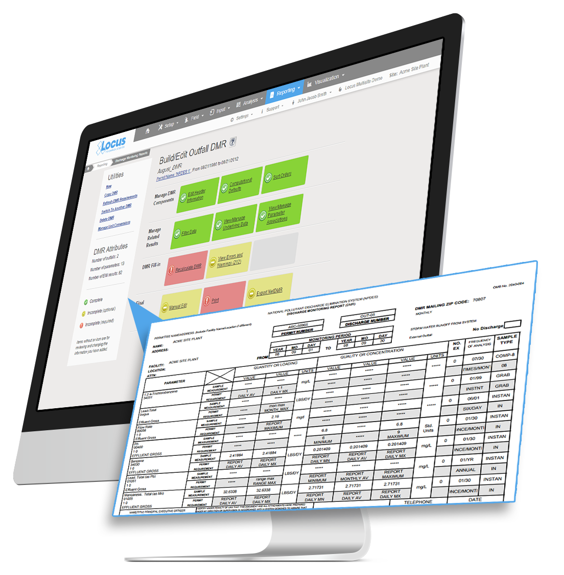 Discharge monitoring report screenshot on laptop- DMR build and environmental reporting