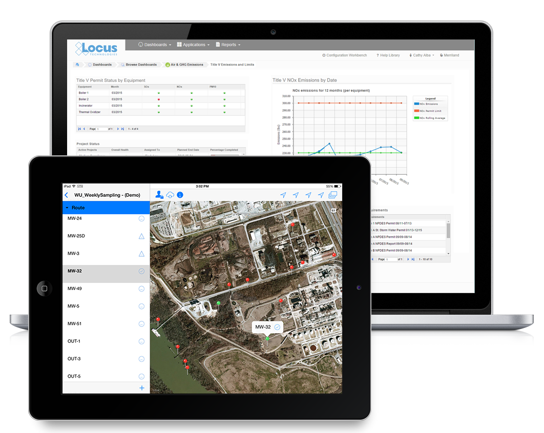 Environmental compliance software screenshot of Locus Platform Air Quality Title V dashboard with iPad for air quality monitoring samples