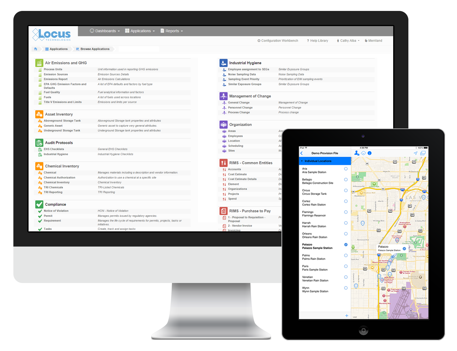 Sustainability software screenshot of Locus Platform applications menu and iPad with sampling interface