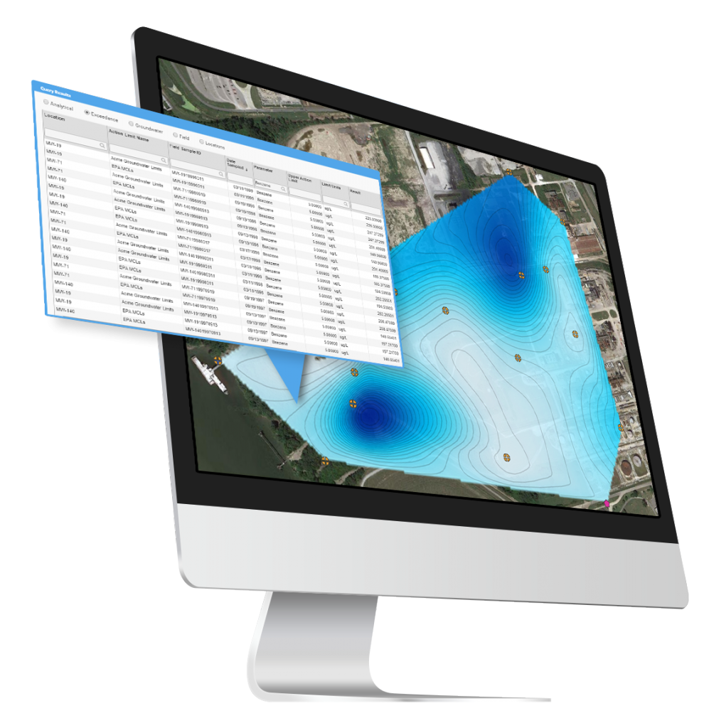 Screenshot of Locus GIS for environmental management contour output with data grid